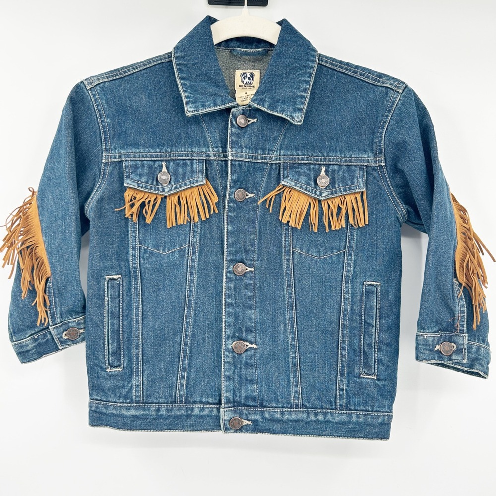 Genuine Class Club Kids Western Fringe Cow Graphic Denim Jean Jacket Size 4